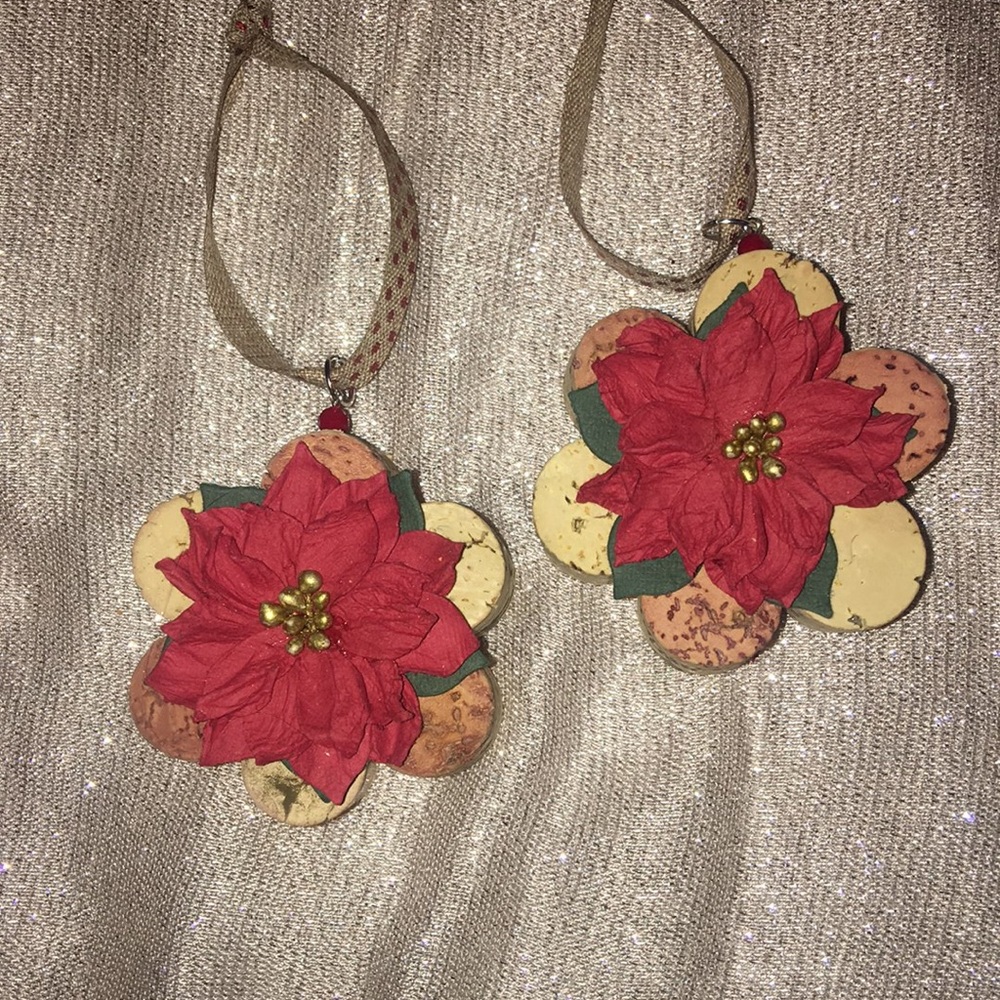 Poinsettia Wine Cork Ornaments (set of 2)